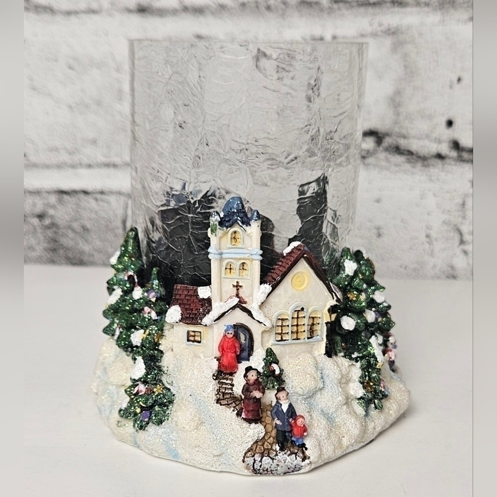 Vintage Holiday Hurricane Candle Holder – Cracked Glass Village Scene